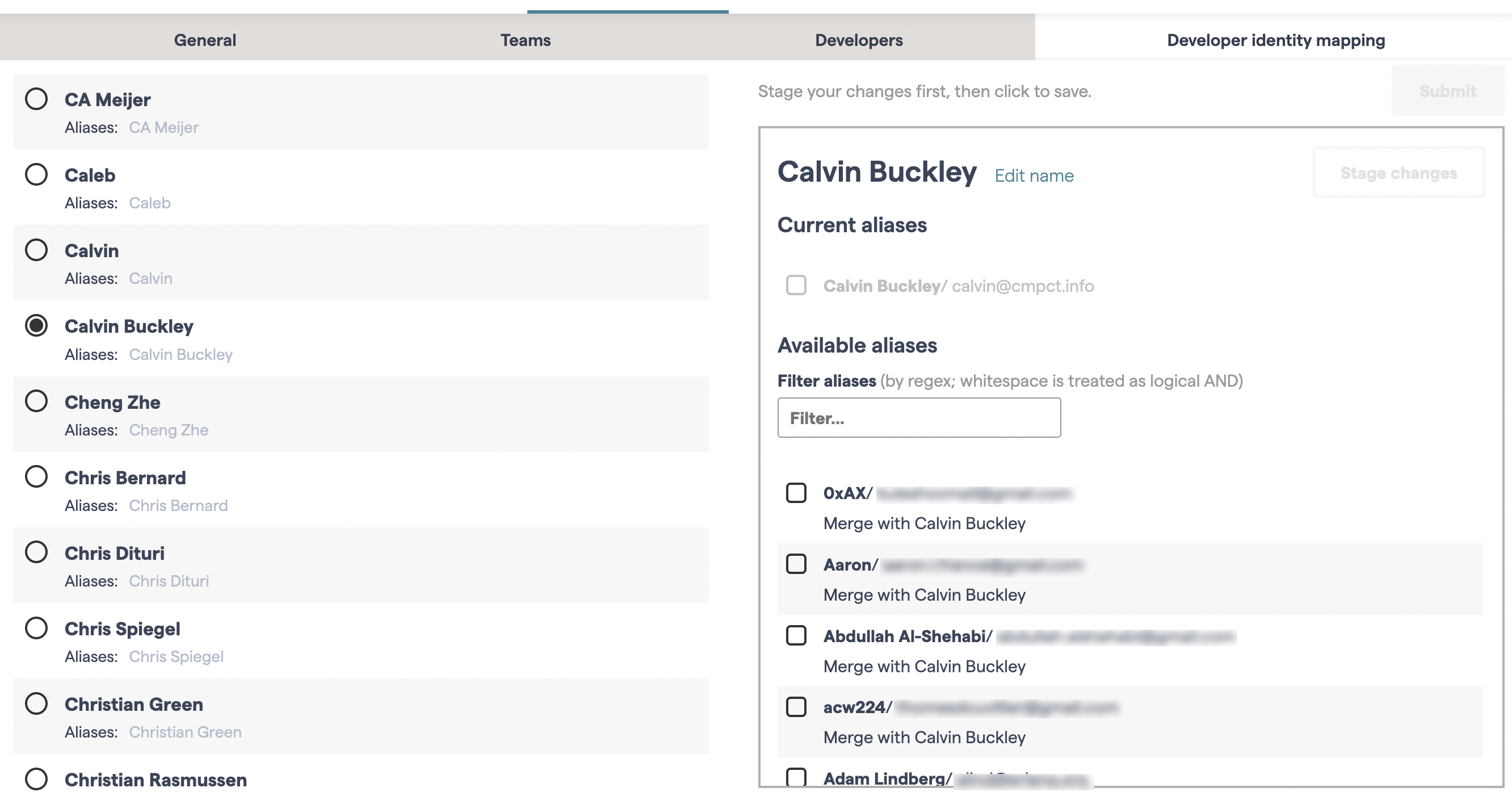 Developer list with alias list
