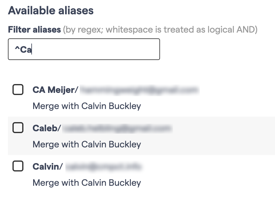 Use the filter box to search for aliases