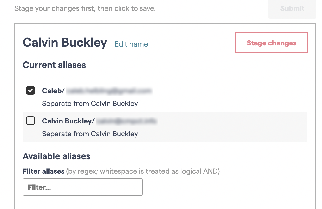 Selecting an alias to unmerge