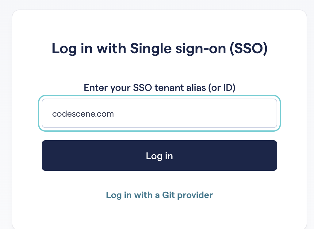 /login/sso page as shown to a first time user with filled in alias 'codescene.com'