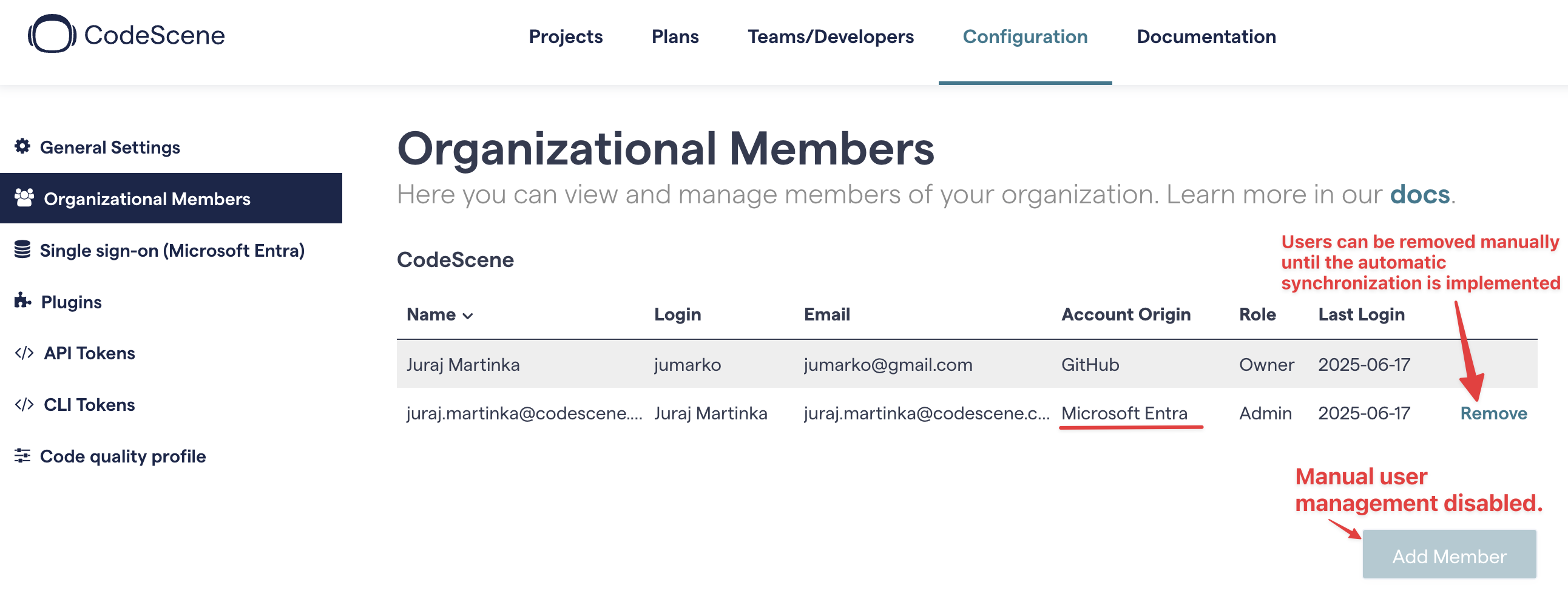 Organizational Members page showing an owner (GitHub) and one SSO user (Entra).