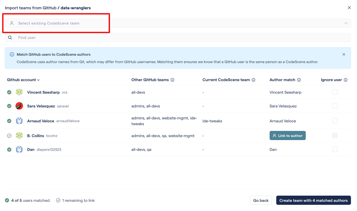 The placeholder for the dropdown says "Select existing CodeScene team"