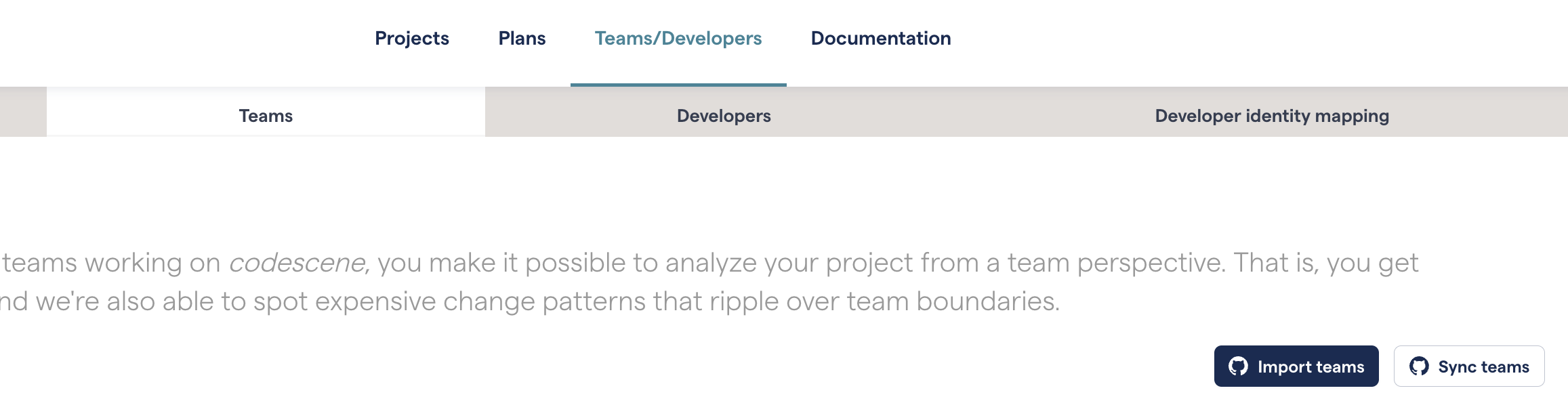 The Import teams and Sync teams buttons on the Teams/Developers -> Teams tab