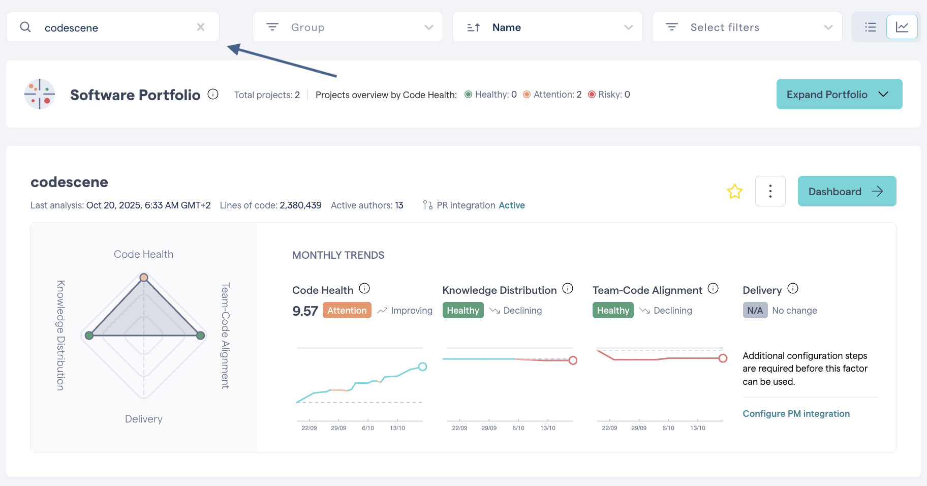 Use the search filter to filter projects by name.