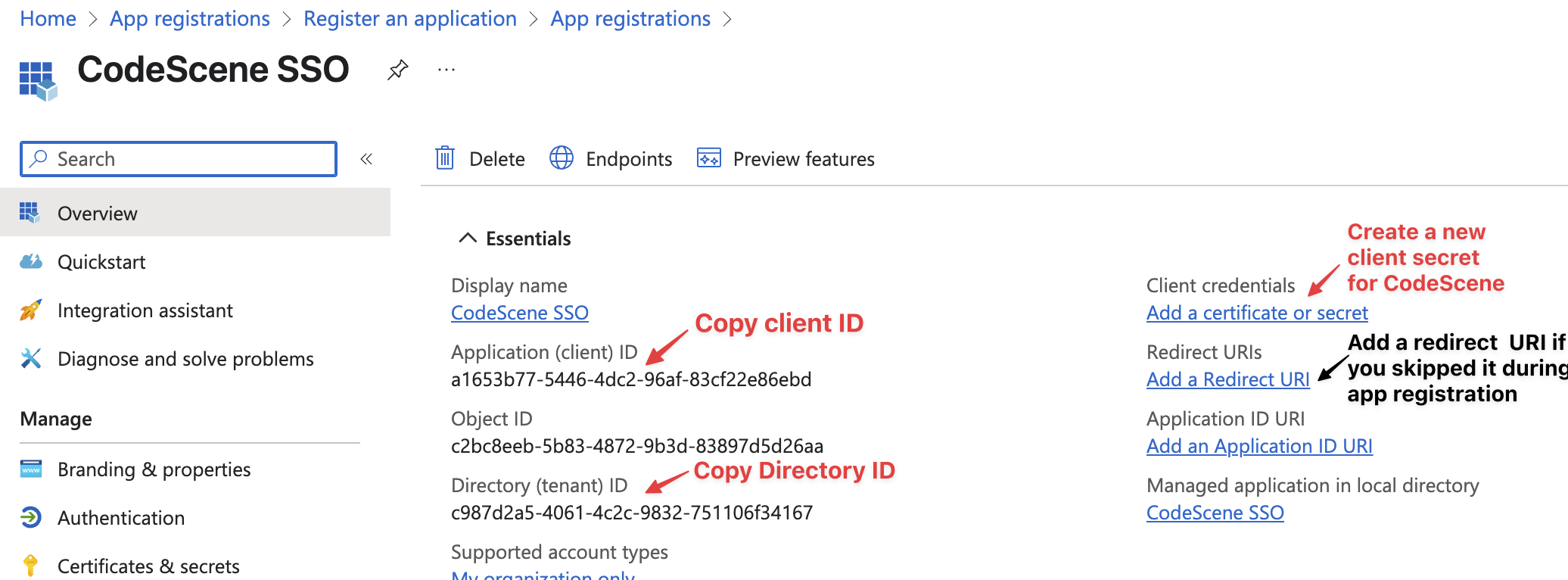 Entra application configuration - create a new client secret and copy client ID & Directory ID