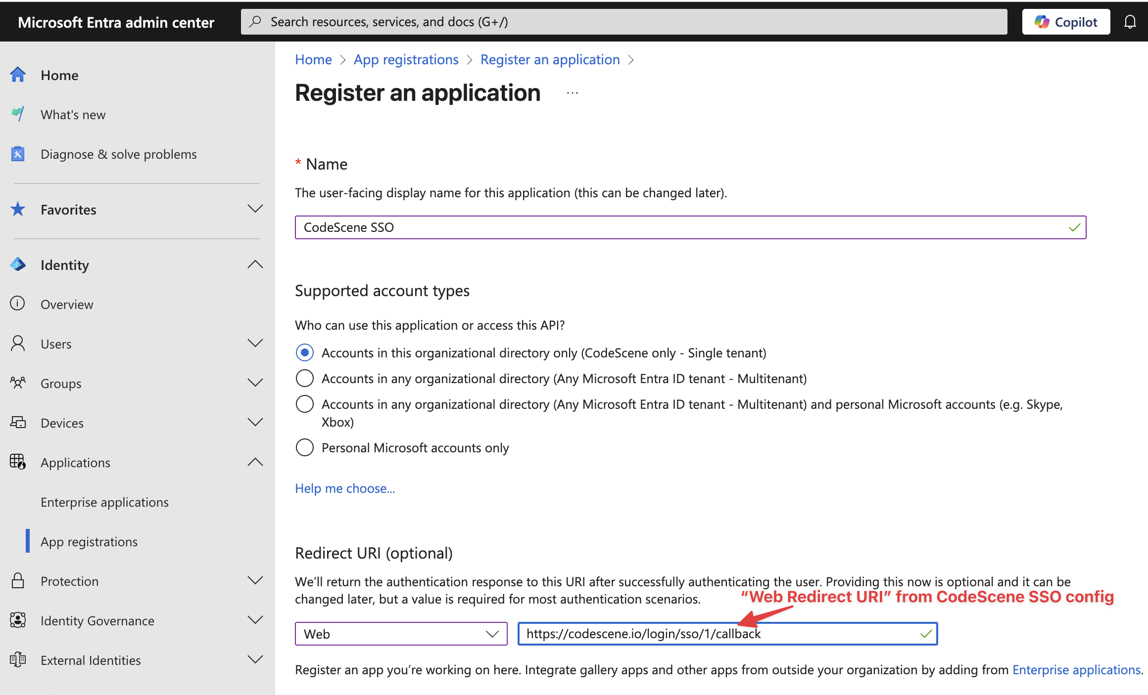 New Entra application registration for CodeScene SSO including Redirect URI configuration.