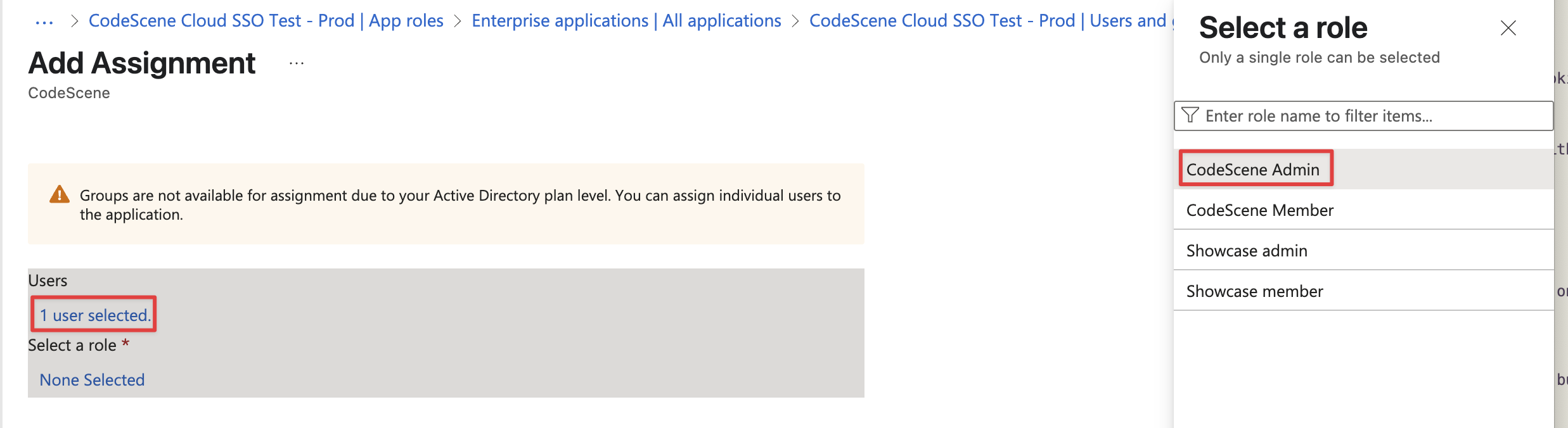 Entra App roles assignment for an Admin user.