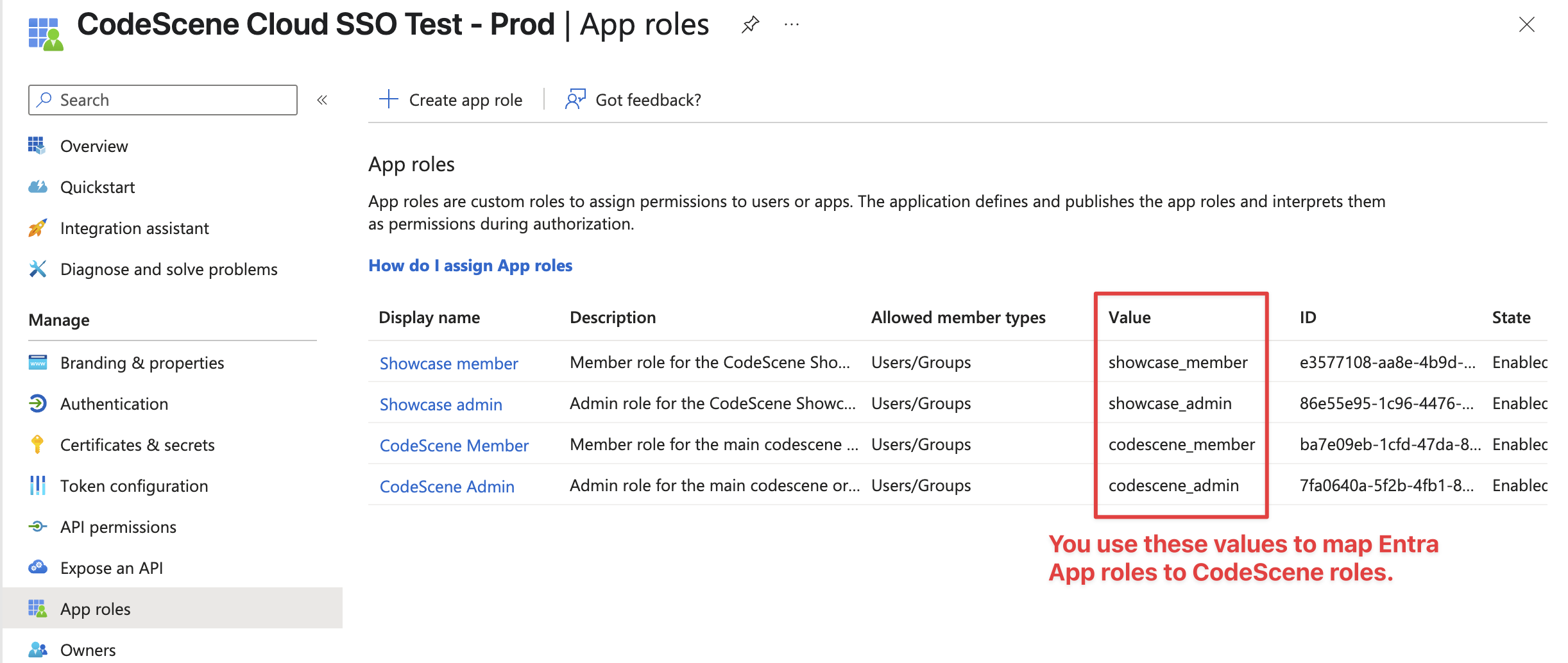Entra App roles for two different CodeScene accounts ('Showcase' and 'CodeScene'). Two roles (admin and member) for each of the accounts.