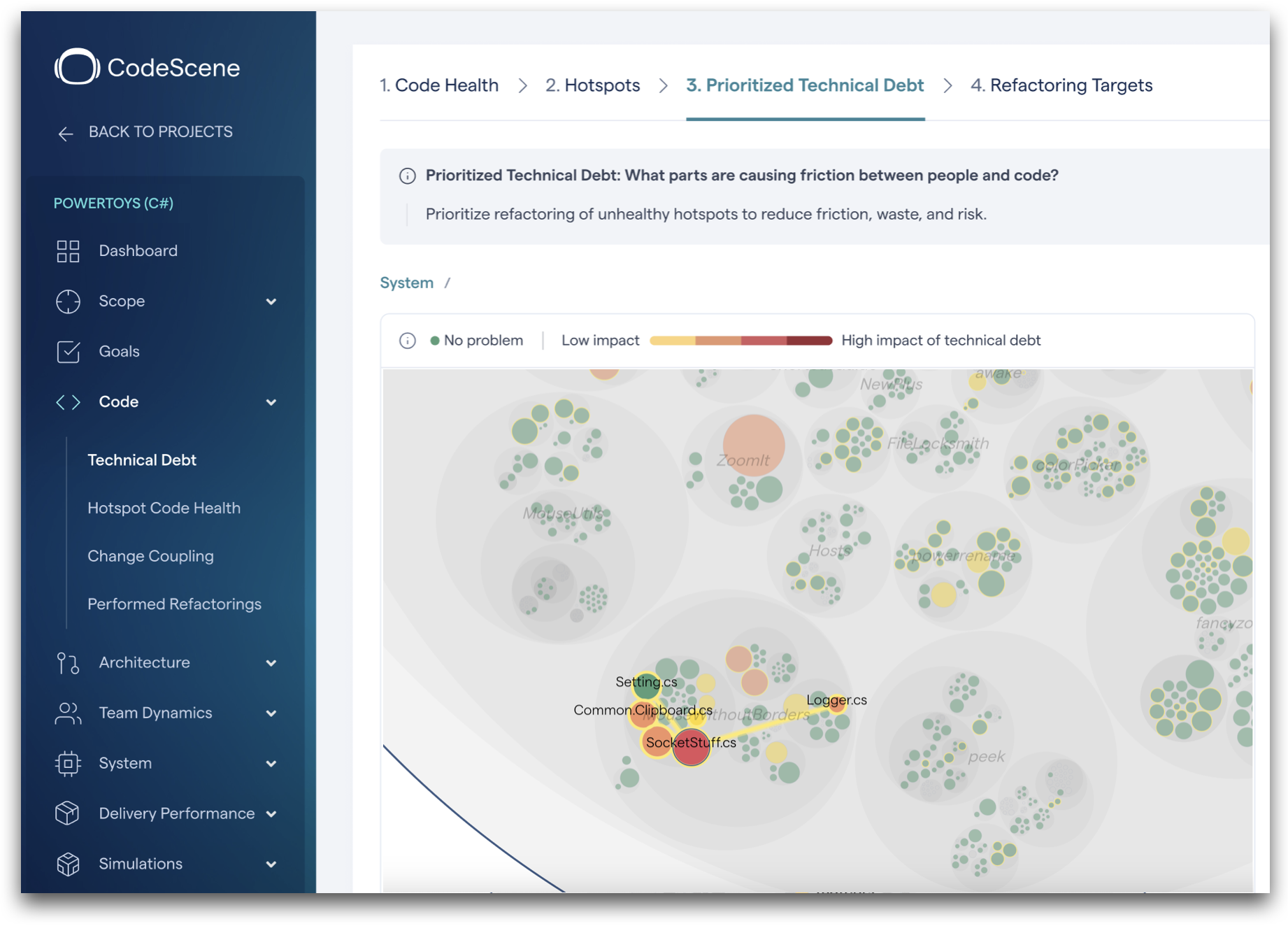 Access the analysis via the Technical Debt menu in CodeScene.